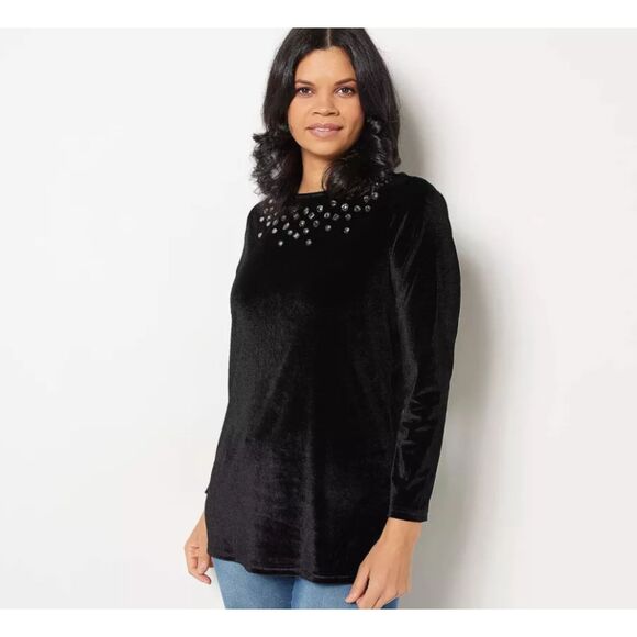 Quacker Factory Tops - Quacker Factory Tunic M Women's Black Velvet Chunky Rhinestones Long Sleeve